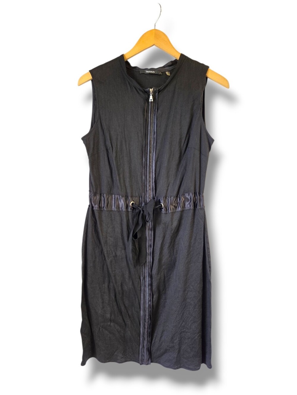 Tahara Black Linen Blend Zip-up Tie Waist Black Sleeveless Mini-Dress Size 6